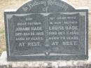 Johann BADE
26 Jul 1959, aged 87
Louise BADE
5 Oct 1949, aged 75
Stone Quarry Cemetery, Jeebropilly, Ipswich