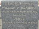 William W HEADRICK
3 Feb 1930, aged 51
(his son) Percy
13 Jan 1924, aged 15 months
Alfred Wilfred
30 Aug 1938, aged 27 years
Mary HEADRICK
25 Jul 1955, aged 68
Stone Quarry Cemetery, Jeebropilly, Ipswich