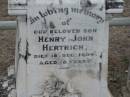 Henry John HERTRICH
18 Dec 1904, aged 18
Stone Quarry Cemetery, Jeebropilly, Ipswich
