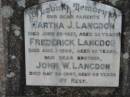 Martha J LANGDON
25 Jun 1927 aged 43
Frederick LANGDON
1 Aug 1929, aged 82
John W LANGDON
24 May 1947, aged 68
Stone Quarry Cemetery, Jeebropilly, Ipswich