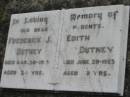 Frederick J DUTNEY
30 Mar 1913, aged 34
Edith DUTNEY
29 Jun 1953, aged 72
Stone Quarry Cemetery, Jeebropilly, Ipswich