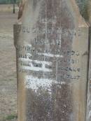 William James DAVISON
6 Aug 1901, aged 19
Robert DAVISON
16 Jan 1923 aged 88
Douglas David LOGAN
b: 11 Nov 1923, d: 15 Oct 1930
(mother)
Jessie DAVISON
5 Jan 1930,aged 70
Stone Quarry Cemetery, Jeebropilly, Ipswich