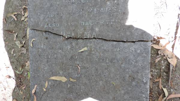 Caleb CURTIS  | d 20 Mar 1908, aged 82  | at Leigh farm, Albert River  | (daughter) Helena CURTIS  | d: 22 Apr 1868 aged 8yrs 9months  | Tamborine Plunkett Road Cemetery (Cedar Creek)  |   | 