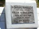 Hulda A. PAKLEPPA, mother, died 15 July 1958 aged 77 years; Tarampa Apostolic cemetery, Esk Shire 