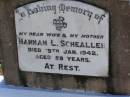 Hannah L. SCHAELLER, died 19 Jan 1942 aged 59 years; Tarampa Apostolic cemetery, Esk Shire 