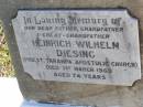 Heinrich Wilhelm DIESING, father grandfather great-grandfather, priest Tarampa Apostolic Church, died 1 March 1969 aged 74 years; Tarampa Apostolic cemetery, Esk Shire 