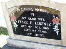 Elsie E. LUKRITZ, wife, died 18 Oct 1965 aged 57 years; Tarampa Apostolic cemetery, Esk Shire 
