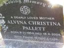 Alvina Christina PALLETT, born 8-11-1904 died 18-6-2004, with Frank; Tarampa Apostolic cemetery, Esk Shire 