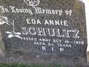 Eda Annie SCHULTZ, died 16 Oct 1979 aged 63 years; Tarampa Apostolic cemetery, Esk Shire 