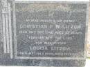 Christian F W LITZOW
29 Dec 1946 aged 87
Louisa LITZOW
31 Jul 1954 aged 74
Tarampa Baptist Cemetery, Esk Shire