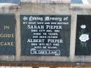Sarah PIEPER
13 Aug 1961 aged 74
Albert PIEPER
19 Oct 1982 aged 95
Tarampa Baptist Cemetery, Esk Shire