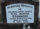 Elsie Martha STUHMCKE
27 Apr 1978 aged 65
Tarampa Baptist Cemetery, Esk Shire