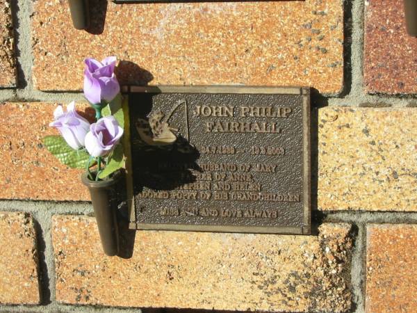 John Philip FAIRHALL,  | 24-7-1939 - 19-9-2008,  | husband of Mary,  | father of Anne, Stephen & Helen,  | poppy;  | Tea Gardens cemetery, Great Lakes, New South Wales  | 