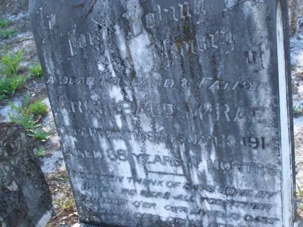 Archibald MCRAE,  | husband father,  | died 15 Jan 1914 aged 38 years 11 months;  | Tea Gardens cemetery, Great Lakes, New South Wales  | 