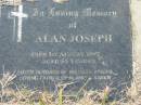 Alan JOSEPH,
died 1 Aug 1997 aged 54 years,
husband of Millany Joseph,
father of Alanie & Karen;
Tiaro cemetery, Fraser Coast Region