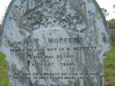 Ann MOFFETT,
wife of A. MOFFETT,
died 30 Nov 1901 aged 67 years;
Andrew MOFFETT,
husband,
died 11 Oct 1903 aged 79 years;
Tiaro cemetery, Fraser Coast Region