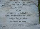 Thomas MASLEN,
died 9 Jan 1892 aged 53 years;
John MASLEN,
died 17 Feb 1910 aged 74 years;
Tiaro cemetery, Fraser Coast Region