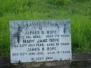 Alfred H. HOPE,
died 7 Dec 1935 aged 73 years;
Mary Jane HOPE,
died 20 July 1948 aged 81 years;
James H. HOPE,
died 20 June 1915 aged 16 years;
Tiaro cemetery, Fraser Coast Region
