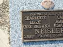 Charlotte Lizzie NEISLER (nee BROWN),
21-8-1887 - 16-12-1946;
Carl Adolph (Charlie) NEISLER,
30-3-1883 - 8-11-1962;
Tiaro cemetery, Fraser Coast Region