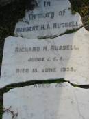 Herbert H A RUSSELL
son of
Richard H RUSSELL
Judge I.C.S
15 Jun 1933
Toogoolawah Cemetery, Esk shire
