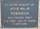Joyce Nellie ROBINSON
3 Aug 1996 aged 74
Toogoolawah Cemetery, Esk shire