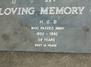 H.G. B,
1930 - 1990 aged 59 years;
Upper Coomera cemetery, City of Gold Coast