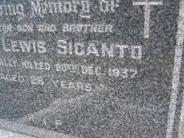 Colin Lewis SIGANTO,  | son brother,  | accidentally killed 20 Dec 1937 aged 28 years;  | Upper Coomera cemetery, City of Gold Coast  | 