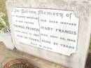 Thomas FRANCIS,
husband father,
died 12 July 1941 aged 60 years;
Mary FRANCIS,
mother,
died 28 Sept 1949 aged 65 years;
Warra cemetery, Wambo Shire