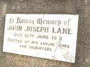 John Joseph LANE,
died 12 June 1915,
erected by sons & daughters;
Warra cemetery, Wambo Shire