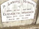 Elizabeth WUNSCH,
mother,
died 3 Sept 1968 aged 86 years;
Warra cemetery, Wambo Shire
