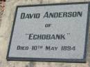 David ANDERSON
of Echobank
died 10 May 1894
Research contact: If David Anderson is in your family tree, please email me at delderhorst@yahoo.ca
Wivenhoe Pocket General Cemetery