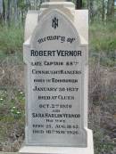 Robert VERNOR
b: Edinburgh 30 Jan 1837,
d: Cluen 2 Oct 1920
(wife) Sara Harlin VERNOR
b: 25 Aug 1842
d: 16 May 1926
Sarah (widow of late) William HARLIN
of Rosevale Co Antrim, Ireland
b: 17 Nov 1802
d: 14 Jun 1892
(daughter) Alice Maud (HARLIN)
b: 15 Jun 1873
d: 24 Jun 1949
James VERNOR
b: Edinburgh, 21 Jun 1847
d: Cluen 28 May 1915
Captain and Mrs Robert Vernors children
William VERNOR
Alice VERNOR
Charlotte DAVIDSON
Evelyn McWHINNEY
Mildred THOMSON
grandchildren
Vernor, Hazel and Patrick DAVIDSON
Isobel McWHINNEY
Alice Margaret JOHNSTON
b: 10 Mar 1911 at Cluen, Wivenhoe Pocket
d: 17 Aug 2001 at Toowoomba
(husband) Raymond Charles JOHNSTON
b: 18 Apr 1913 at Clermont
d: 25 Nov 1999 at Toowoomba
Wivenhoe Pocket General Cemetery