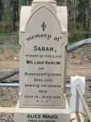 Robert VERNOR
b: Edinburgh 30 Jan 1837,
d: Cluen 2 Oct 1920
(wife) Sara Harlin VERNOR
b: 25 Aug 1842
d: 16 May 1926
Sarah (widow of late) William HARLIN
of Rosevale Co Antrim, Ireland
b: 17 Nov 1802
d: 14 Jun 1892
(daughter) Alice Maud (HARLIN)
b: 15 Jun 1873
d: 24 Jun 1949
James VERNOR
b: Edinburgh, 21 Jun 1847
d: Cluen 28 May 1915
Captain and Mrs Robert Vernors children
William VERNOR
Alice VERNOR
Charlotte DAVIDSON
Evelyn McWHINNEY
Mildred THOMSON
grandchildren
Vernor, Hazel and Patrick DAVIDSON
Isobel McWHINNEY
Alice Margaret JOHNSTON
b: 10 Mar 1911 at Cluen, Wivenhoe Pocket
d: 17 Aug 2001 at Toowoomba
(husband) Raymond Charles JOHNSTON
b: 18 Apr 1913 at Clermont
d: 25 Nov 1999 at Toowoomba
Wivenhoe Pocket General Cemetery