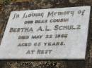 Bertha A L SCHULZ
22 May 1956, aged 68
Wivenhoe Pocket General Cemetery