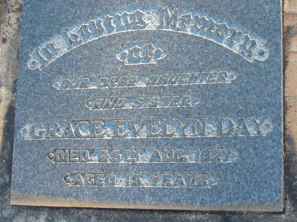 Grace Evelyn DAY  | 25 Aug 1927, aged 15  | Wonglepong cemetery, Beaudesert  | 