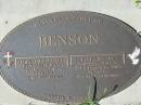 BENSON;
Reginald Clarence, father,
died 21 Jan 1994, 70 years;
Ellen Grace, mother,
died 22 Feb 2003, 74 years;
Woodford Cemetery, Caboolture