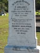 Margaret, wife of George Adolphus MASON,
died 7 Oct 1910 aged 66 years;
George Adolphus,
died 26 Dec 1936 aged 90 years;
Woodford Cemetery, Caboolture