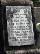 George WALKER, husband father,
died 5 May 1950 aged 83 years;
Cecilia Palmer WALKER, mother,
died 14 July 1967 aged 91 years;
Woodford Cemetery, Caboolture