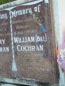 Mary COCHRAN, wife mother,
died 13-5-1982? aged 73 years;
William (Bill) COCHRAN, husband father,
died 20-10-1993 aged 89 years;
Woodford Cemetery, Caboolture