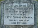 Alfred Thomas UNWIN,
died 31 Aug 1958 aged 85 years;
Katie Sheldon UNWIN,
died 23 Nov 1970 aged 90 years;
Woodford Cemetery, Caboolture