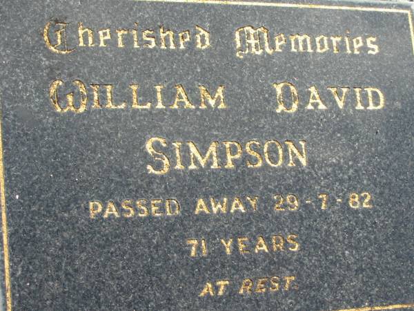 William David SIMPSON,  | died 29-7-82 aged 71 years;  | Woodford Cemetery, Caboolture  | 