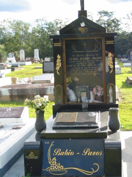 Avril BABIO-PAZOS, wife mother,  | accidentally killed,  | born 23-10-1953 died 20-2-1992;  | Woodford Cemetery, Caboolture  | 
