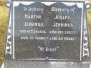 Martha Jennings
24 Oct 1926, aged 59
Joseph Jennings
1 Dec 1933, aged 69
Arthur Stanley Jennings
15 Oct 1988, aged 90
Mary Ann Jennings
10 Feb 2002, aged 102
Woodhill cemetery (Veresdale), Beaudesert shire
