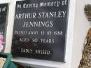 Martha Jennings
24 Oct 1926, aged 59
Joseph Jennings
1 Dec 1933, aged 69
Arthur Stanley Jennings
15 Oct 1988, aged 90
Mary Ann Jennings
10 Feb 2002, aged 102
Woodhill cemetery (Veresdale), Beaudesert shire
