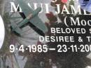 Maui James HAYES (Mooi)
son of Desiree and Tom Hayes
b: 9 Apr 1985
d: 23 Nov 2003
aged 18
Woodhill cemetery (Veresdale), Beaudesert shire