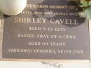 Shirley CAVELL
b: 9 Dec 1933, d: 29 Jun 2003, aged 69
Woodhill cemetery (Veresdale), Beaudesert shire