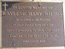 Kaylene Mary WILSON
b: 11 Jun 1960, d: 18 Jul 2002
(husband: Andy, mother of Jack, Riley)
Woodhill cemetery (Veresdale), Beaudesert shire