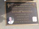 Leslie Rogers
24 May 2002, aged 79
Woodhill cemetery (Veresdale), Beaudesert shire