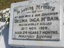 Delma Inga McBain
(accidentally killed)
30 Nov 1969, aged 24 years 7 months
Woodhill cemetery (Veresdale), Beaudesert shire
