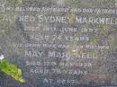 Alfred Sydney Markwell
d: 19 Jun 1957, aged 74
May Markwell
17 May 1958, aged 76
Woodhill cemetery (Veresdale), Beaudesert shire